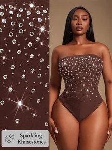 Radiana Plus Rhinestone Detail Tube Bodysuit - Coffee Brown - View 1