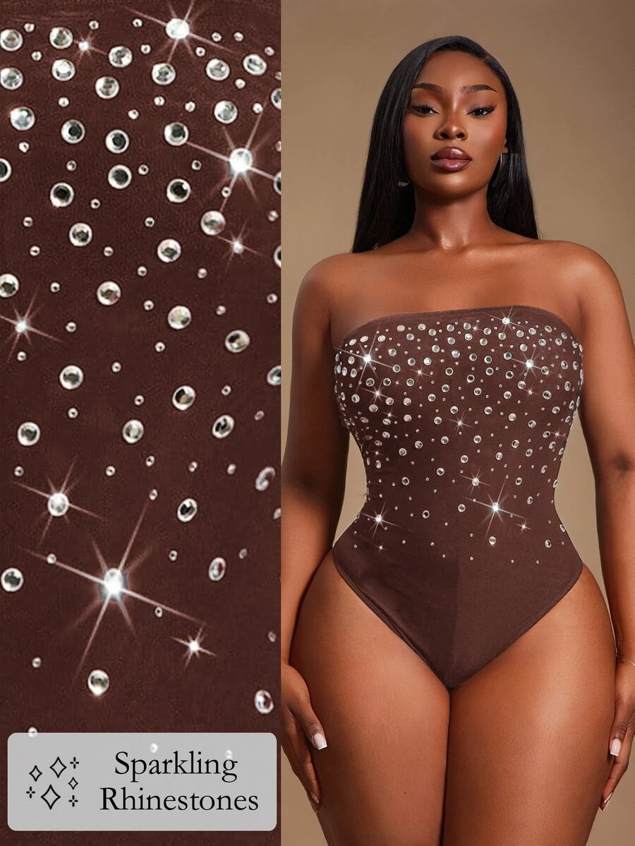 Radiana Plus Rhinestone Detail Tube Bodysuit - Coffee Brown - View 1
