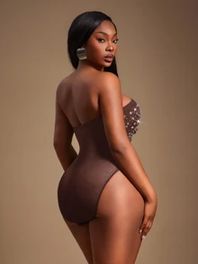 Radiana Plus Rhinestone Detail Tube Bodysuit - Coffee Brown - View 6