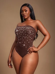 Radiana Plus Rhinestone Detail Tube Bodysuit - Coffee Brown - View 7