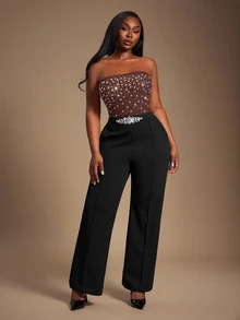 Radiana Plus Rhinestone Detail Tube Bodysuit - Coffee Brown - View 5