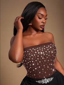 Radiana Plus Rhinestone Detail Tube Bodysuit - Coffee Brown - View 3