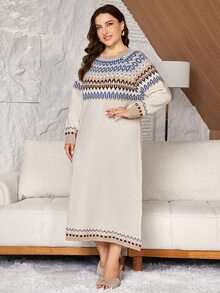 Lacomfia Plus Size Vintage Vacation Jacquard Long Sleeve Sweater Dress - Beige - View 3
