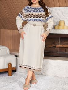 Lacomfia Plus Size Vintage Vacation Jacquard Long Sleeve Sweater Dress - Beige - View 5