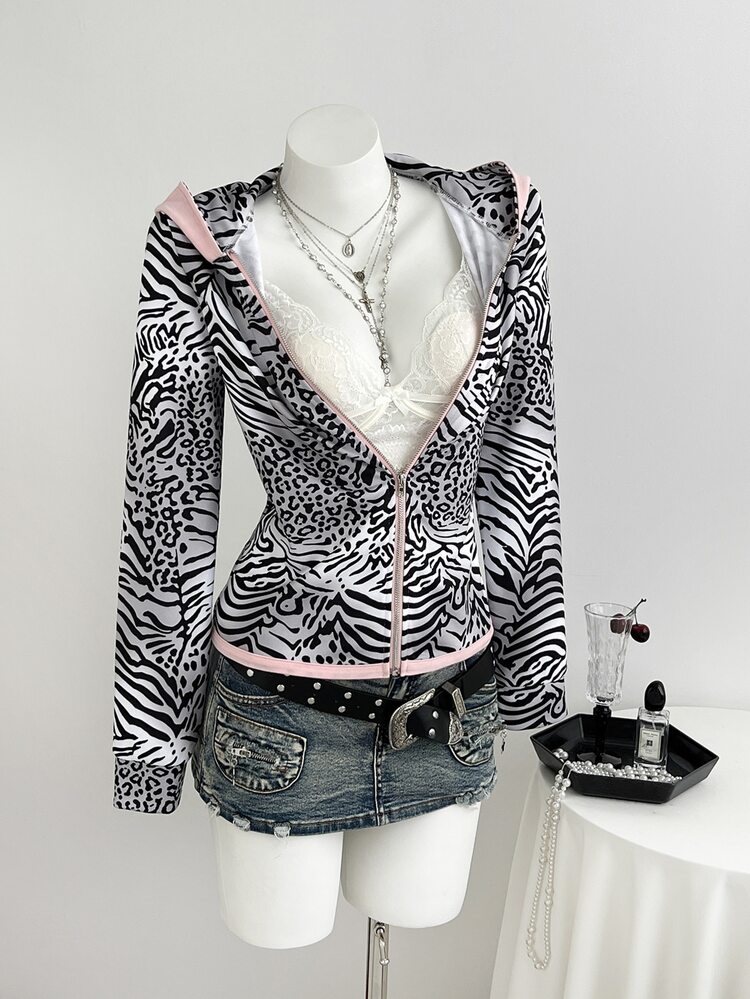 Elamini Vintage Sweet & Spicy Y2K Grey & Pink Patchwork Zebra Print Hooded Slim Fit Sweatshirt - Grey - View 3