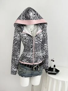 Elamini Vintage Sweet & Spicy Y2K Grey & Pink Patchwork Zebra Print Hooded Slim Fit Sweatshirt - Grey - View 4