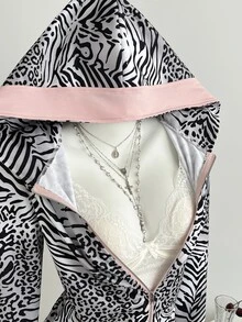 Elamini Vintage Sweet & Spicy Y2K Grey & Pink Patchwork Zebra Print Hooded Slim Fit Sweatshirt - Grey - View 1