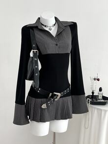 Elamini 1 件女士黑色短裙，适合日常穿着、通勤、返校季、优雅、复古、通勤、二合一褶皱、返校季日常、休闲、学院风 - 黑色 - 查看 1