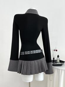 Elamini 1 件女士黑色短裙，适合日常穿着、通勤、返校季、优雅、复古、通勤、二合一褶皱、返校季日常、休闲、学院风 - 黑色 - 查看 2