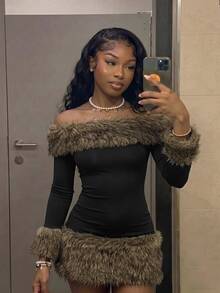 Fiercella Fiercella Street Style Sexy Off-Shoulder Fuzzy Trim Dress Long Sleeve Slim Fit Cinched Waist Fur Patchwork Mini Dress,Afro Fashion Outfits,2000s Style - Black - View 3