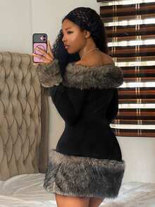 Fiercella Fiercella Street Style Sexy Off-Shoulder Fuzzy Trim Dress Long Sleeve Slim Fit Cinched Waist Fur Patchwork Mini Dress,Afro Fashion Outfits,2000s Style - Black - View 2
