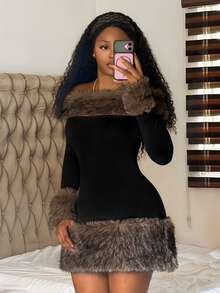 Fiercella Fiercella Street Style Sexy Off-Shoulder Fuzzy Trim Dress Long Sleeve Slim Fit Cinched Waist Fur Patchwork Mini Dress,Afro Fashion Outfits,2000s Style - Black - View 6