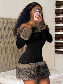 Fiercella Fiercella Street Style Sexy Off-Shoulder Fuzzy Trim Dress Long Sleeve Slim Fit Cinched Waist Fur Patchwork Mini Dress,Afro Fashion Outfits,2000s Style - Black - View 1