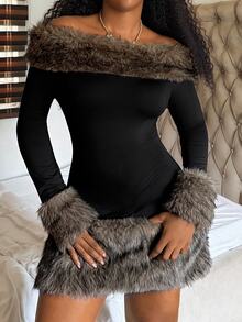 Fiercella Fiercella Street Style Sexy Off-Shoulder Fuzzy Trim Dress Long Sleeve Slim Fit Cinched Waist Fur Patchwork Mini Dress,Afro Fashion Outfits,2000s Style - Black - View 5