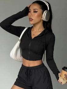 SHEIN Unity Black Cropped Hooded Zip Up Jacket Women Thumb Hole Slim Fit High Stretch Activewear Jacket Workout Gym Yoga Fall Back To School Y2K Casual - Black - View 5