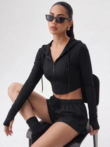 SHEIN Unity Black Cropped Hooded Zip Up Jacket Women Thumb Hole Slim Fit High Stretch Activewear Jacket Workout Gym Yoga Fall Back To School Y2K Casual - Black - View 6