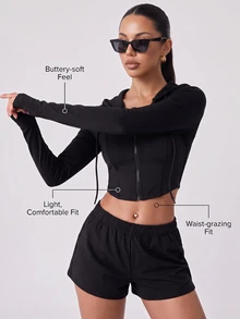 SHEIN Unity Black Cropped Hooded Zip Up Jacket Women Thumb Hole Slim Fit High Stretch Activewear Jacket Workout Gym Yoga Fall Back To School Y2K Casual - Black - View 7