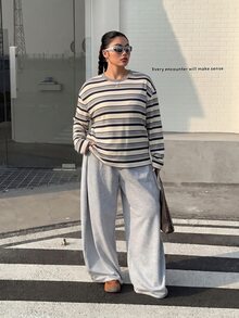 Muchica 大尺碼女款條紋圓領落肩長袖休閒T恤 秋季 - 淺灰色 - 查看 3