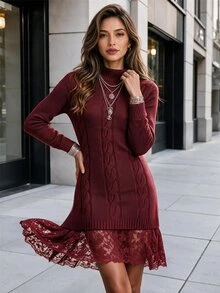Editum Long Sleeve Round Neck Trim Solid Color Dress, Autumn/Winter Fall Cloth For Women - Burgundy - View 6