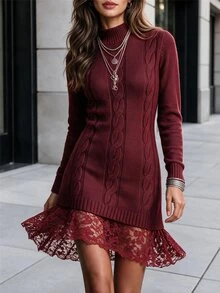 Editum Long Sleeve Round Neck Trim Solid Color Dress, Autumn/Winter Fall Cloth For Women - Burgundy - View 4