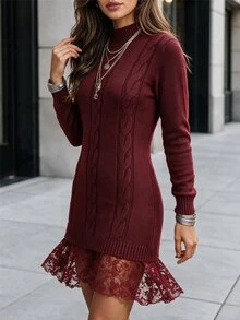 Editum Long Sleeve Round Neck Trim Solid Color Dress, Autumn/Winter Fall Cloth For Women - Burgundy - View 5