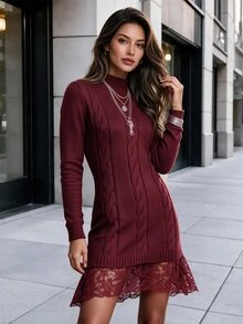 Editum Long Sleeve Round Neck Trim Solid Color Dress, Autumn/Winter Fall Cloth For Women - Burgundy - View 8