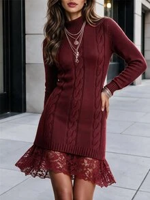 Editum Long Sleeve Round Neck Trim Solid Color Dress, Autumn/Winter Fall Cloth For Women - Burgundy - View 1