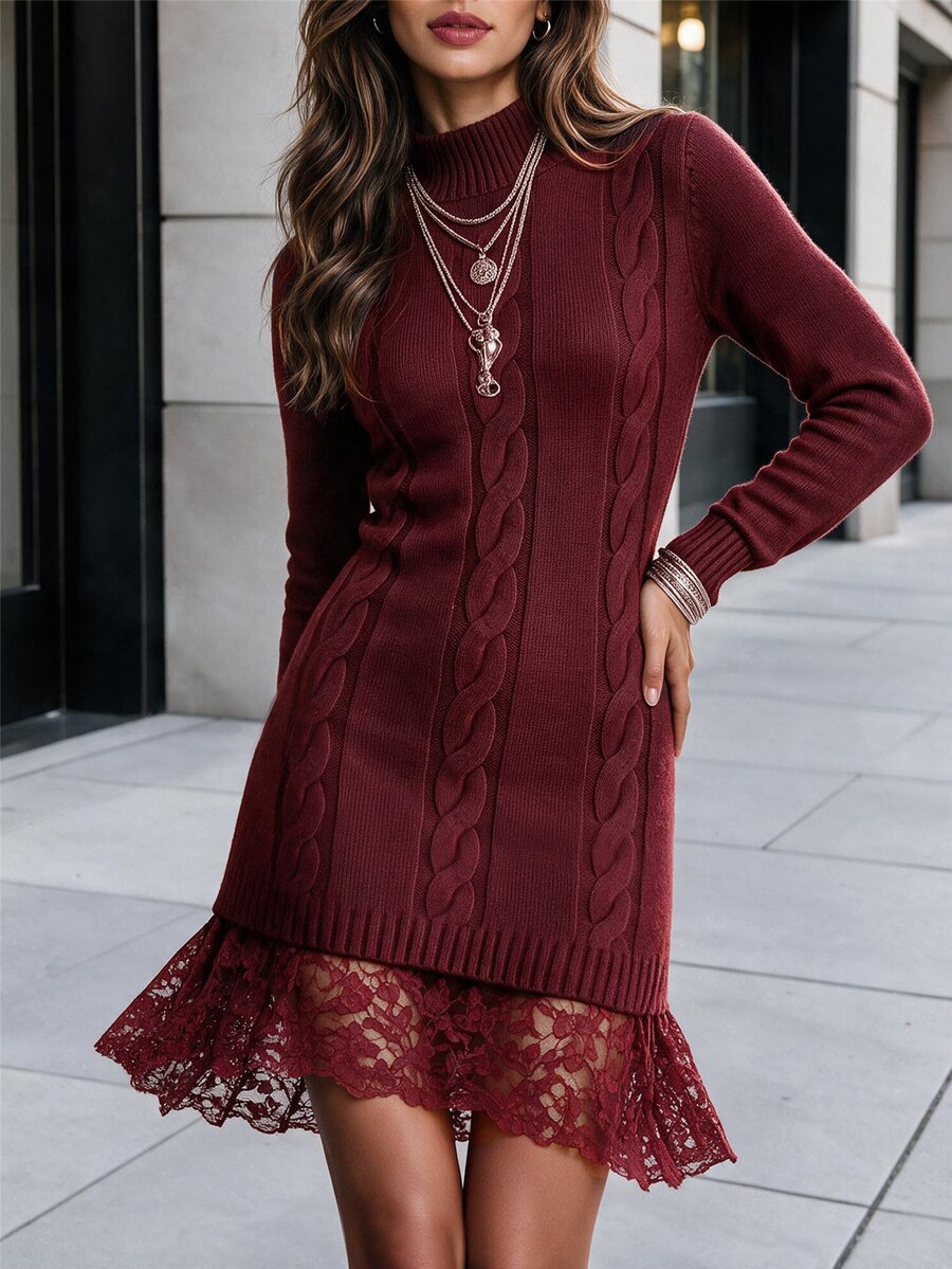 Editum Long Sleeve Round Neck Trim Solid Color Dress, Autumn/Winter Fall Cloth For Women - Burgundy - View 1