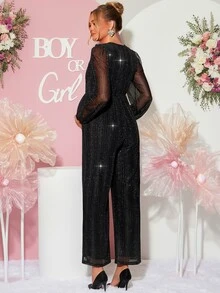 Loomaby Maternity Fashion Sequin Jumpsuit For Vacation And Travel Dress Gender Reveal Dress Maternity Dress Baby Shower Dress - Black - View 7