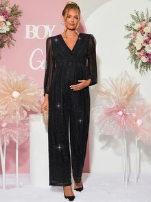 Loomaby Maternity Fashion Sequin Jumpsuit For Vacation And Travel Dress Gender Reveal Dress Maternity Dress Baby Shower Dress - Black - View 6