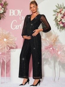Loomaby Maternity Fashion Sequin Jumpsuit For Vacation And Travel Dress Gender Reveal Dress Maternity Dress Baby Shower Dress - Black - View 4