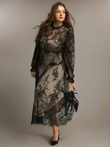 Freevana Plus Size Romantic Elegant Knitted Long Dress For Women Fall - Black - View 6