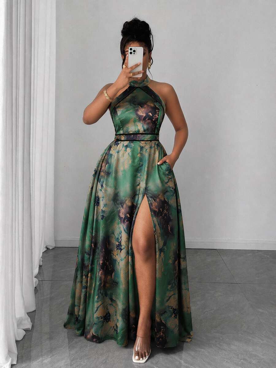 SHEIN Clasi 大尺碼夏季優雅花卉印花露背掛脖洋裝