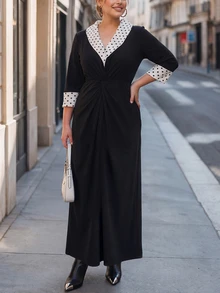 Chikora Plus Size Women's Polka Dot Patchwork Casual Party Dress Fall - Black - View 4