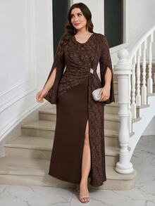 SHEIN Clasi Plus Size Women's Elegant Casual Cowl Neck Split Sleeve Dress Wedding Formal Dinner Formal Dinner Brown Autumn Wedding Wedding - Brown - View 2