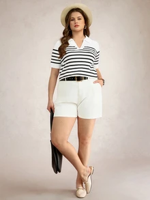 Comfylo 大尺碼女款黑白條紋 Polo 領針織上衣，短袖針織上衣，適合夏季度假、假日、正式與休閒場合 - 黑與白 - 查看 7