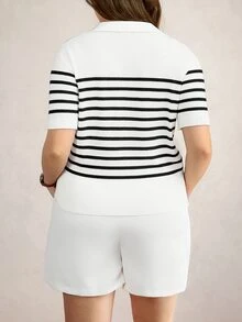 Comfylo 大尺碼女款黑白條紋 Polo 領針織上衣，短袖針織上衣，適合夏季度假、假日、正式與休閒場合 - 黑與白 - 查看 6