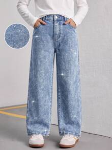 Tween Girls' New Casual Fashion Minimalist Versatile All-Season Mid-Blue Washed Denim Jeans, Classic Five-Pocket Straight Leg Wide Leg Pants With Diagonal Shiny Rhinestone Design, Cotton Loose Soft Denim, Suitable For Daily Casual Wear, Vacation, Back To School - Medium Wash - View 6
