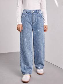 Tween Girls' New Casual Fashion Minimalist Versatile All-Season Mid-Blue Washed Denim Jeans, Classic Five-Pocket Straight Leg Wide Leg Pants With Diagonal Shiny Rhinestone Design, Cotton Loose Soft Denim, Suitable For Daily Casual Wear, Vacation, Back To School - Medium Wash - View 7