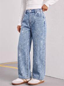 Tween Girls' New Casual Fashion Minimalist Versatile All-Season Mid-Blue Washed Denim Jeans, Classic Five-Pocket Straight Leg Wide Leg Pants With Diagonal Shiny Rhinestone Design, Cotton Loose Soft Denim, Suitable For Daily Casual Wear, Vacation, Back To School - Medium Wash - View 9