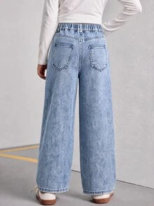 Tween Girls' New Casual Fashion Minimalist Versatile All-Season Mid-Blue Washed Denim Jeans, Classic Five-Pocket Straight Leg Wide Leg Pants With Diagonal Shiny Rhinestone Design, Cotton Loose Soft Denim, Suitable For Daily Casual Wear, Vacation, Back To School - Medium Wash - View 4