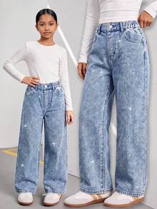 Tween Girls' New Casual Fashion Minimalist Versatile All-Season Mid-Blue Washed Denim Jeans, Classic Five-Pocket Straight Leg Wide Leg Pants With Diagonal Shiny Rhinestone Design, Cotton Loose Soft Denim, Suitable For Daily Casual Wear, Vacation, Back To School - Medium Wash - View 1
