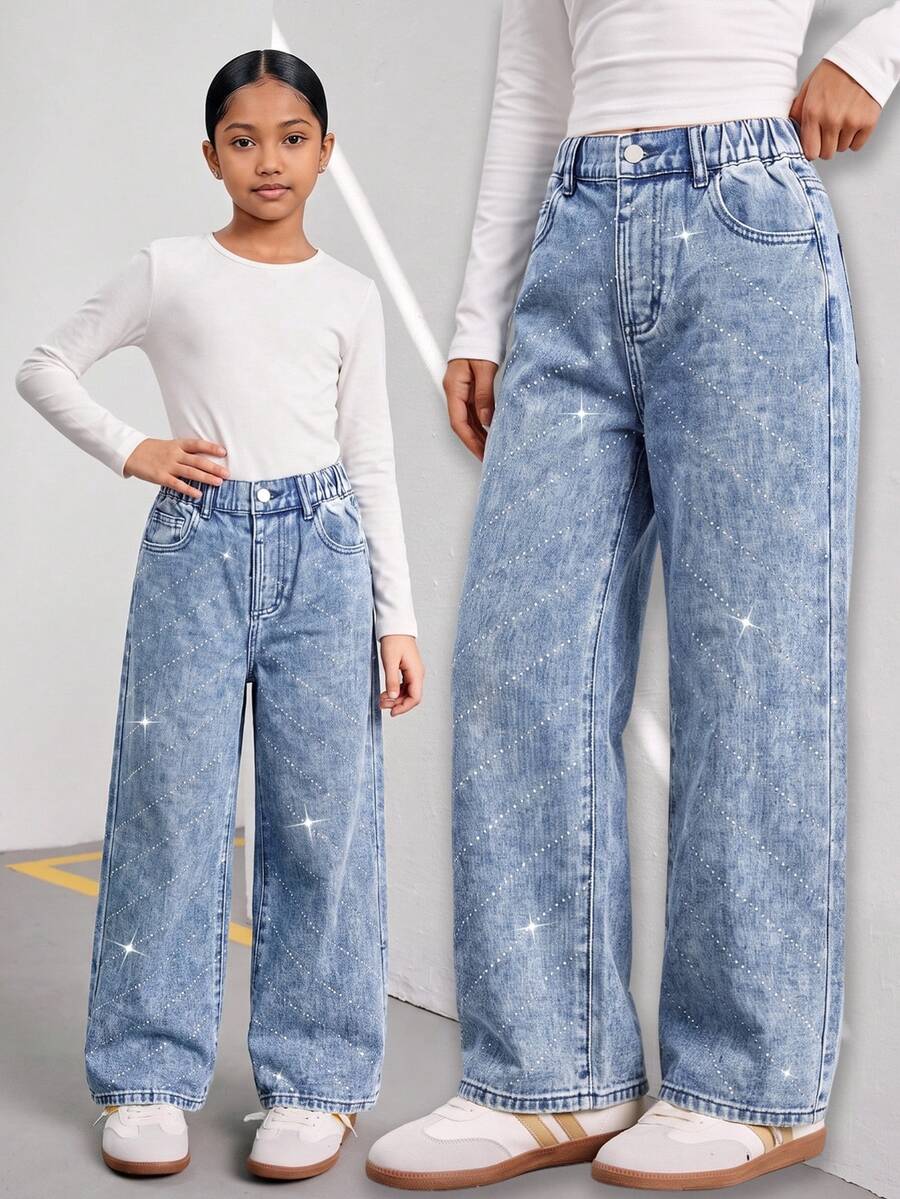 Tween Girls' New Casual Fashion Minimalist Versatile All-Season Mid-Blue Washed Denim Jeans, Classic Five-Pocket Straight Leg Wide Leg Pants With Diagonal Shiny Rhinestone Design, Cotton Loose Soft Denim, Suitable For Daily Casual Wear, Vacation, Back To School - Medium Wash - View 1
