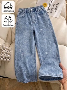 Tween Girls' New Casual Fashion Minimalist Versatile All-Season Mid-Blue Washed Denim Jeans, Classic Five-Pocket Straight Leg Wide Leg Pants With Diagonal Shiny Rhinestone Design, Cotton Loose Soft Denim, Suitable For Daily Casual Wear, Vacation, Back To School - Medium Wash - View 2