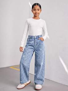 Tween Girls' New Casual Fashion Minimalist Versatile All-Season Mid-Blue Washed Denim Jeans, Classic Five-Pocket Straight Leg Wide Leg Pants With Diagonal Shiny Rhinestone Design, Cotton Loose Soft Denim, Suitable For Daily Casual Wear, Vacation, Back To School - Medium Wash - View 10