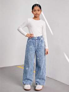 Tween Girls' New Casual Fashion Minimalist Versatile All-Season Mid-Blue Washed Denim Jeans, Classic Five-Pocket Straight Leg Wide Leg Pants With Diagonal Shiny Rhinestone Design, Cotton Loose Soft Denim, Suitable For Daily Casual Wear, Vacation, Back To School - Medium Wash - View 5
