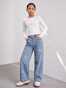 Tween Girls' New Casual Fashion Minimalist Versatile All-Season Mid-Blue Washed Denim Jeans, Classic Five-Pocket Straight Leg Wide Leg Pants With Diagonal Shiny Rhinestone Design, Cotton Loose Soft Denim, Suitable For Daily Casual Wear, Vacation, Back To School - Medium Wash - View 8