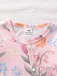 SHEIN 新生女嬰 1 件裝可愛蝴蝶結印花針織軟綿休閒圓領長袖連身包屁衣，柔軟舒適，情人節穿搭，情人節禮物 - 粉色 - 查看 3