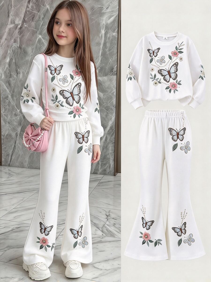 SHEIN Tween Girls Striped Bow Decor 2-Piece Outfit, Waffle Knit Long Sleeve Top & Ribbed Flare Pants Set