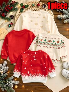 1 Set Toddler Girls Christmas Holiday Cartoon Reindeer And Snowflake Pattern Sweatshirt, Fair Isle Pattern Cute Christmas Holiday Crew Neck Long Sleeve Pullover - Multicolor - View 2